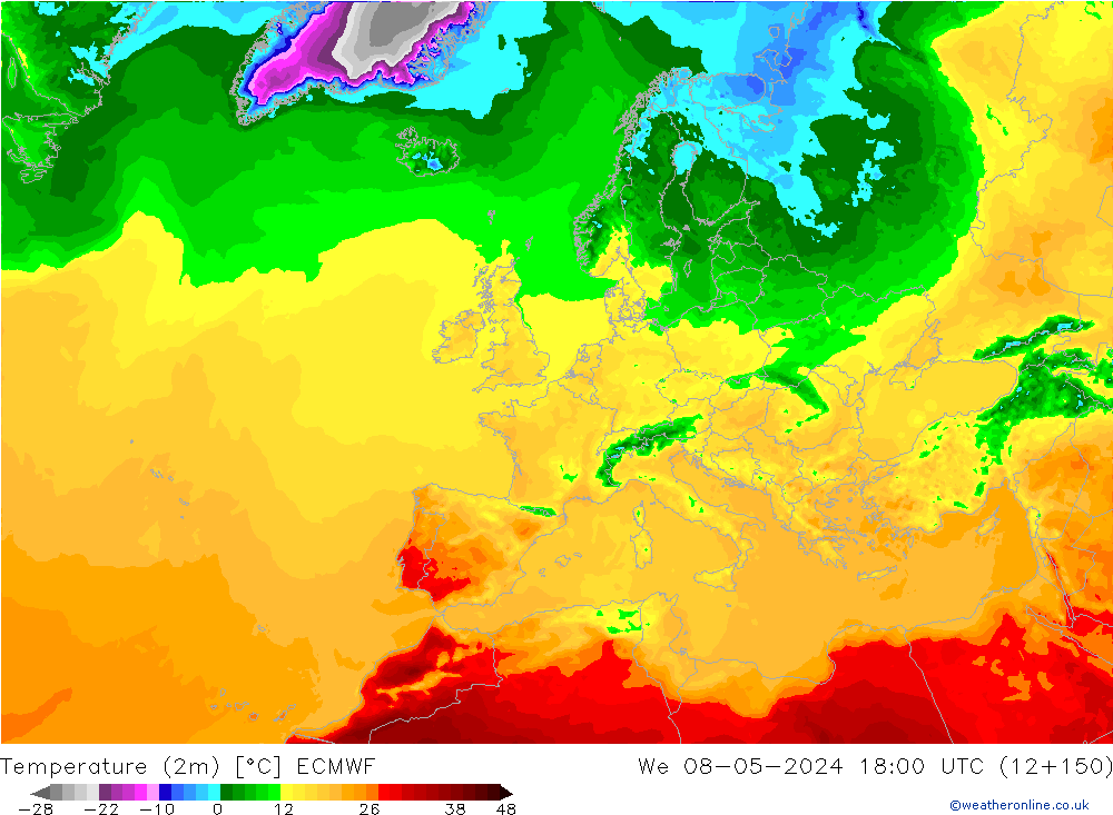 Temperature (2m) ECMWF We 08.05.2024 18 UTC