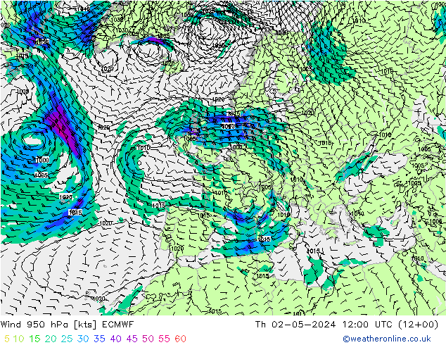 Vento 950 hPa ECMWF gio 02.05.2024 12 UTC