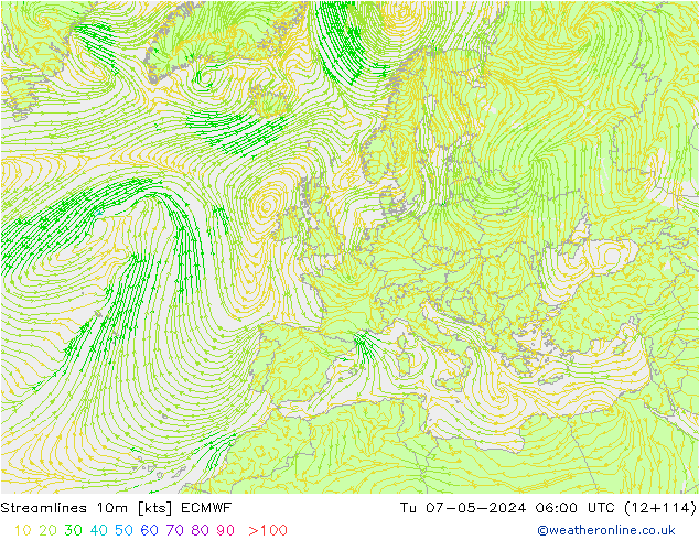 Stromlinien 10m ECMWF Di 07.05.2024 06 UTC