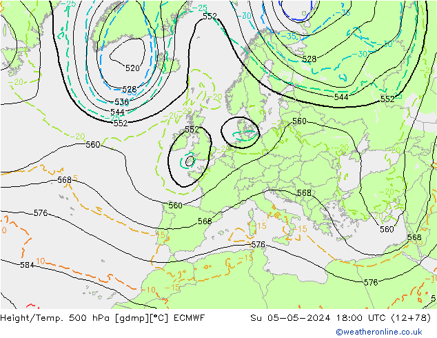 Z500/Regen(+SLP)/Z850 ECMWF zo 05.05.2024 18 UTC