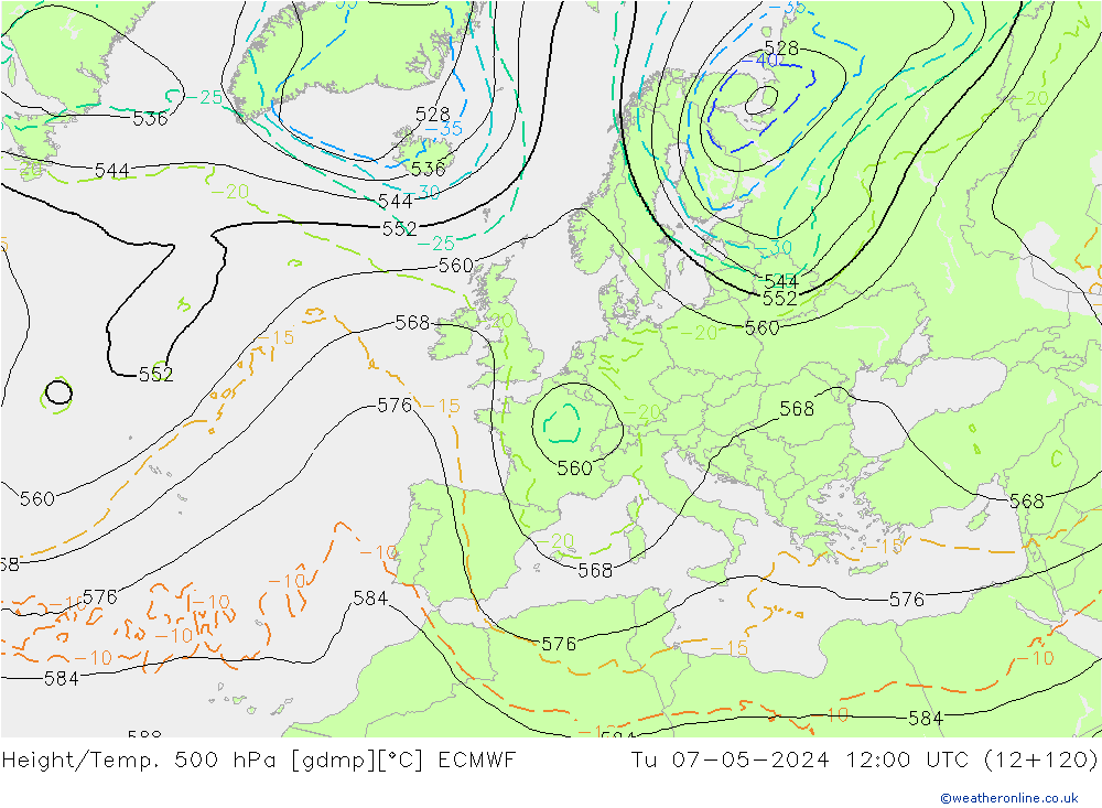 Z500/Rain (+SLP)/Z850 ECMWF Di 07.05.2024 12 UTC