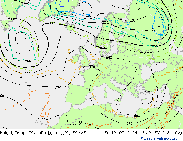 Hoogte/Temp. 500 hPa ECMWF vr 10.05.2024 12 UTC