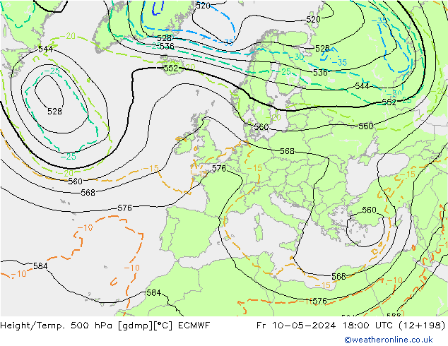 Hoogte/Temp. 500 hPa ECMWF vr 10.05.2024 18 UTC
