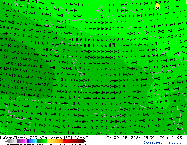 Height/Temp. 700 hPa ECMWF Th 02.05.2024 18 UTC