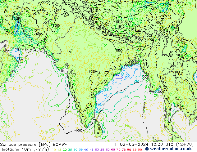 Isotachs (kph) ECMWF Th 02.05.2024 12 UTC