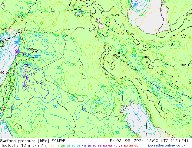 Izotacha (km/godz) ECMWF pt. 03.05.2024 12 UTC