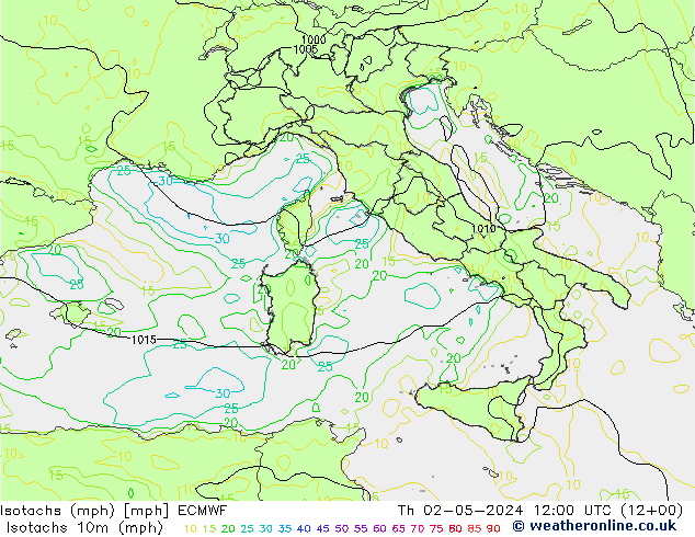 Isotachs (mph) ECMWF  02.05.2024 12 UTC