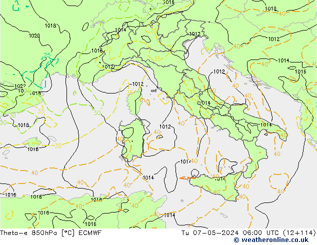 Theta-e 850hPa ECMWF di 07.05.2024 06 UTC