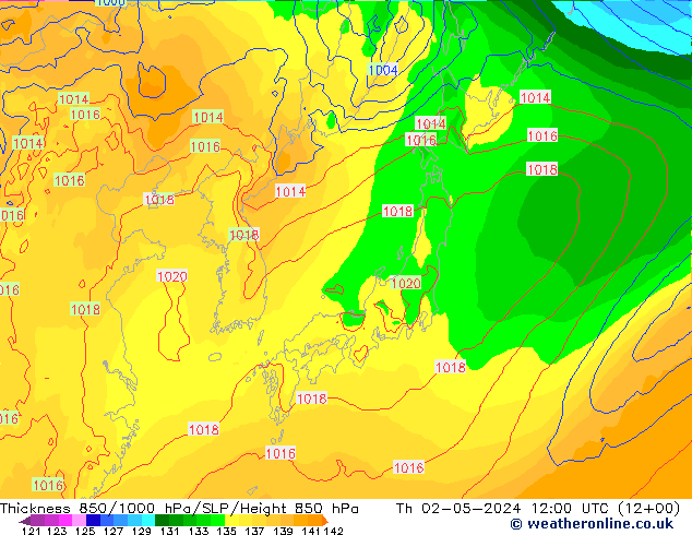 Dikte 850-1000 hPa ECMWF do 02.05.2024 12 UTC