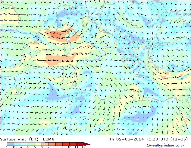 wiatr 10 m (bft) ECMWF czw. 02.05.2024 15 UTC