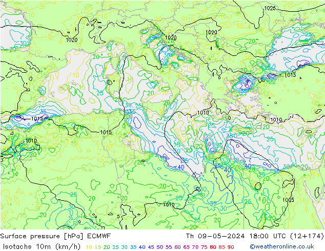 Isotachen (km/h) ECMWF do 09.05.2024 18 UTC