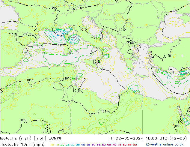 Isotachs (mph) ECMWF Čt 02.05.2024 18 UTC