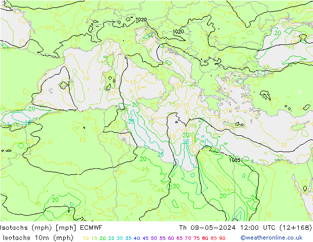 Isotachs (mph) ECMWF Qui 09.05.2024 12 UTC