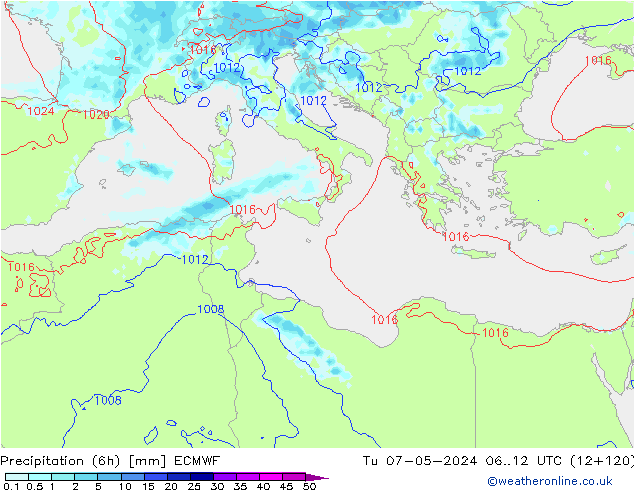 Precipitation (6h) ECMWF Tu 07.05.2024 12 UTC