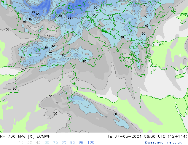 Humidité rel. 700 hPa ECMWF mar 07.05.2024 06 UTC