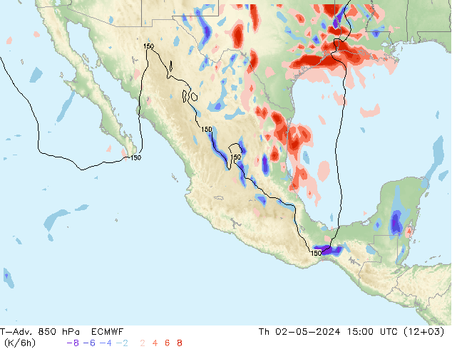 T-Adv. 850 hPa ECMWF jue 02.05.2024 15 UTC