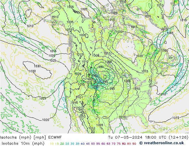 Isotachs (mph) ECMWF Út 07.05.2024 18 UTC