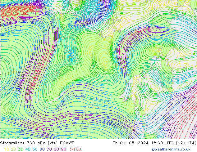 Streamlines 300 hPa ECMWF Th 09.05.2024 18 UTC