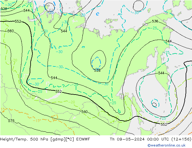 Z500/Rain (+SLP)/Z850 ECMWF Čt 09.05.2024 00 UTC