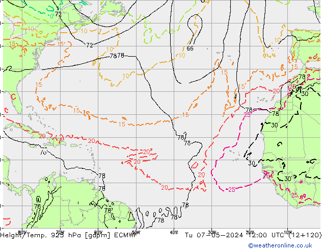 Yükseklik/Sıc. 925 hPa ECMWF Sa 07.05.2024 12 UTC