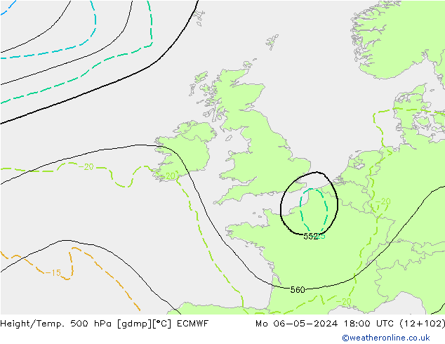 Z500/Rain (+SLP)/Z850 ECMWF Po 06.05.2024 18 UTC