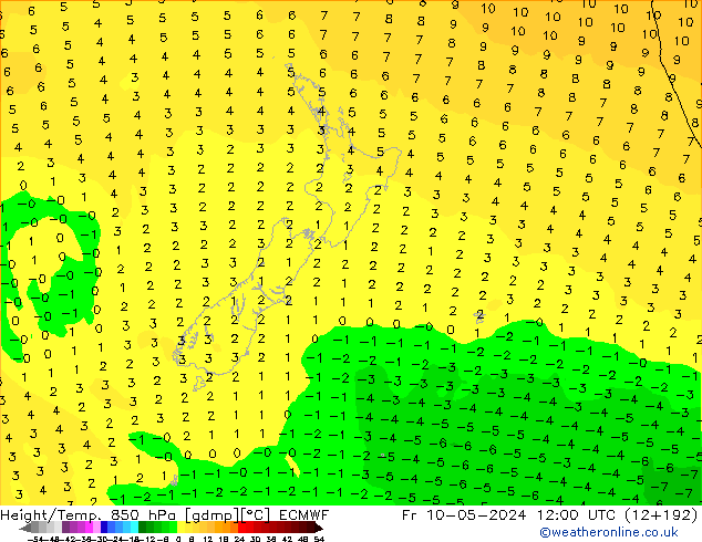 Hoogte/Temp. 850 hPa ECMWF vr 10.05.2024 12 UTC