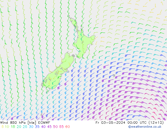 Vento 850 hPa ECMWF ven 03.05.2024 00 UTC