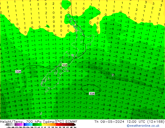 Height/Temp. 700 hPa ECMWF Do 09.05.2024 12 UTC