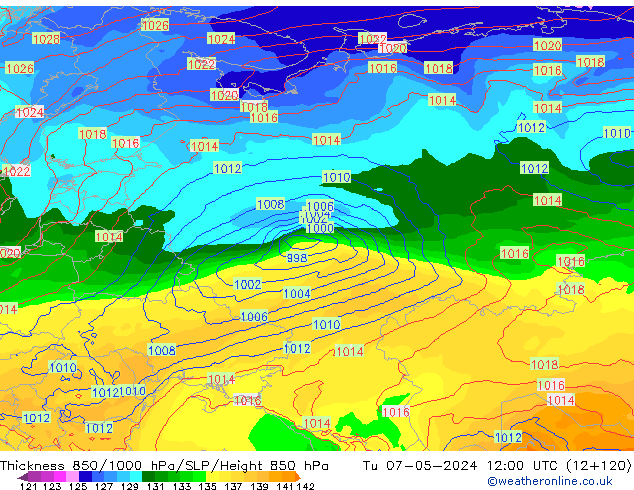 Thck 850-1000 гПа ECMWF вт 07.05.2024 12 UTC