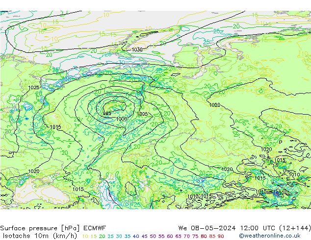 Isotaca (kph) ECMWF mié 08.05.2024 12 UTC