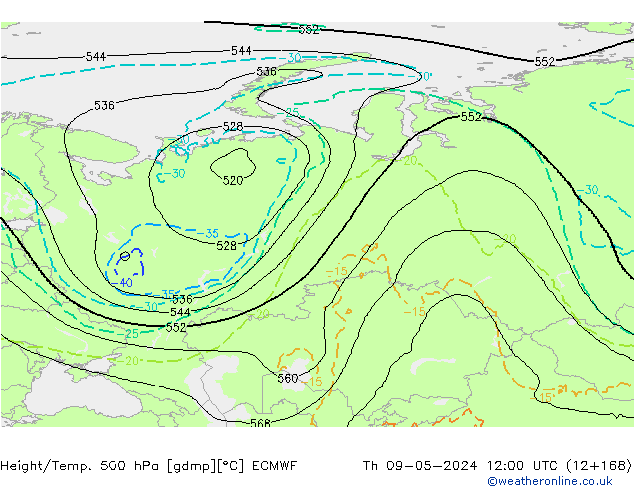 Z500/Rain (+SLP)/Z850 ECMWF Čt 09.05.2024 12 UTC