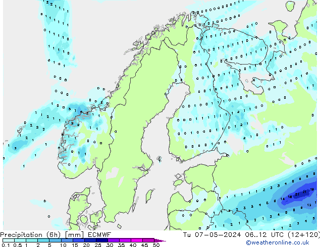 Z500/Rain (+SLP)/Z850 ECMWF wto. 07.05.2024 12 UTC