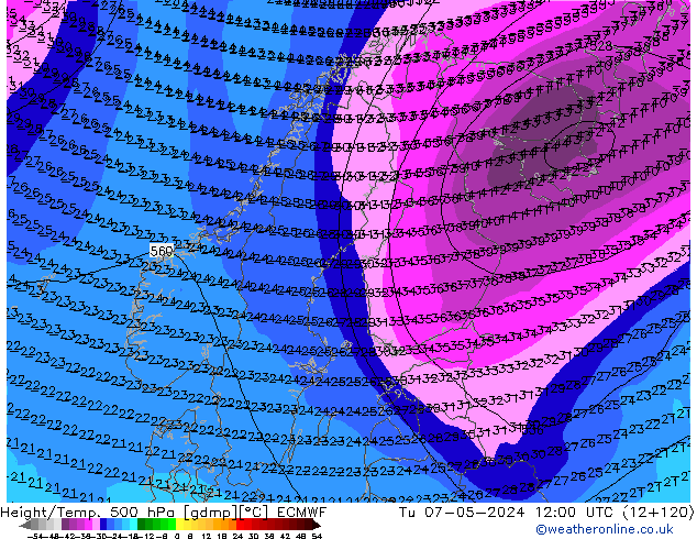 Z500/Rain (+SLP)/Z850 ECMWF wto. 07.05.2024 12 UTC