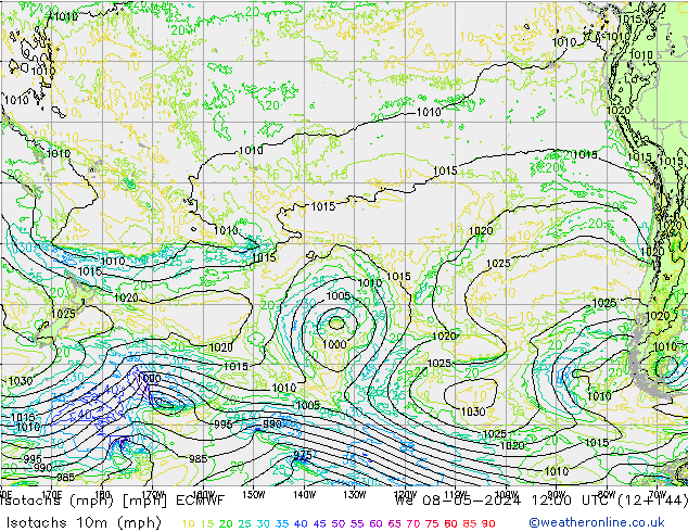 Isotachs (mph) ECMWF mer 08.05.2024 12 UTC