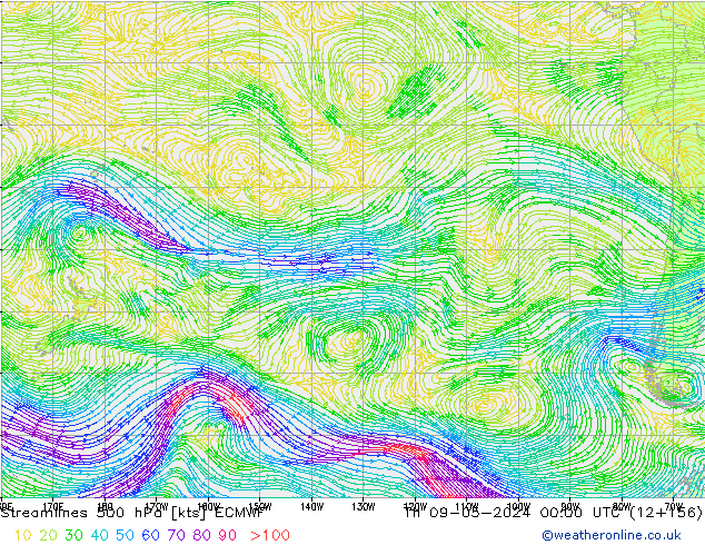 Linia prądu 500 hPa ECMWF czw. 09.05.2024 00 UTC