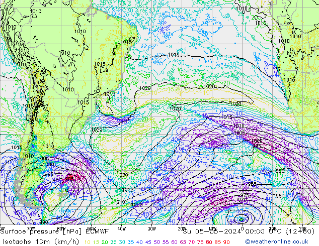 Isotachs (kph) ECMWF dim 05.05.2024 00 UTC