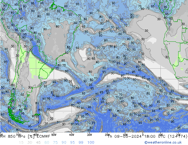 RH 850 hPa ECMWF Čt 09.05.2024 18 UTC