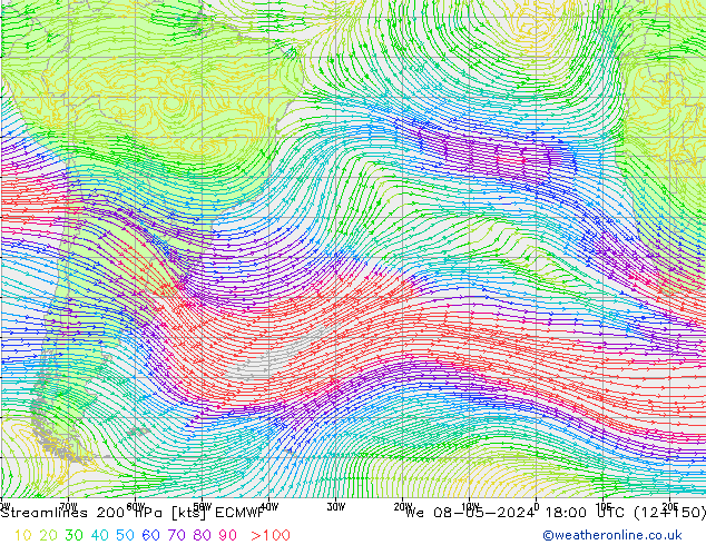 Ligne de courant 200 hPa ECMWF mer 08.05.2024 18 UTC