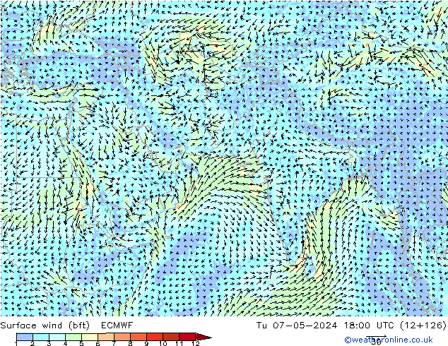 Surface wind (bft) ECMWF Út 07.05.2024 18 UTC