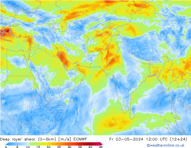 Deep layer shear (0-6km) ECMWF vie 03.05.2024 12 UTC