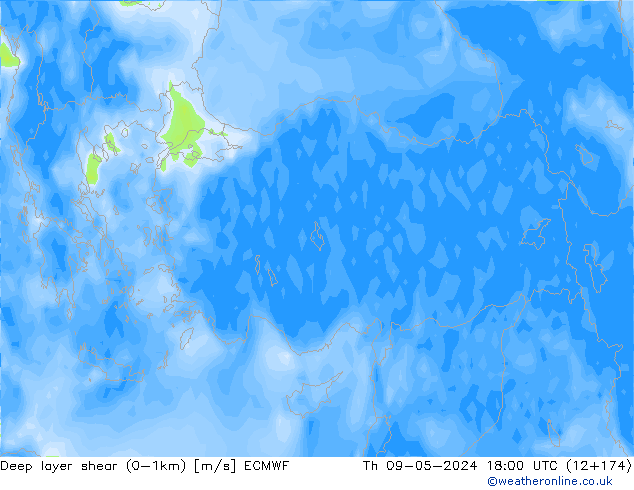 Deep layer shear (0-1km) ECMWF Čt 09.05.2024 18 UTC