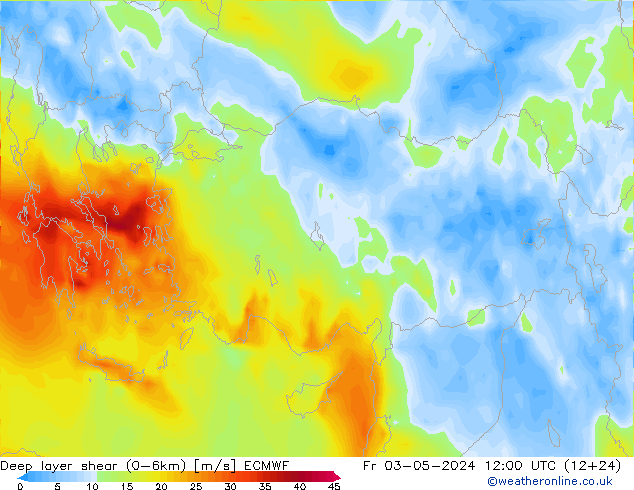 Deep layer shear (0-6km) ECMWF Fr 03.05.2024 12 UTC