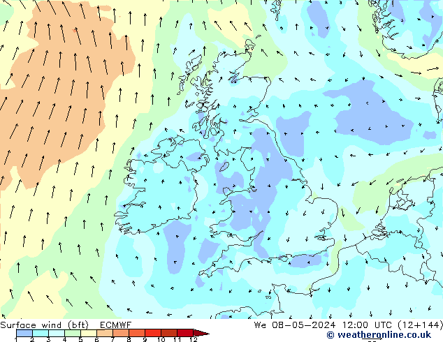 Viento 10 m (bft) ECMWF mié 08.05.2024 12 UTC