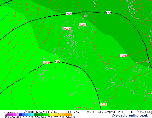 Espesor 500-1000 hPa ECMWF mié 08.05.2024 12 UTC