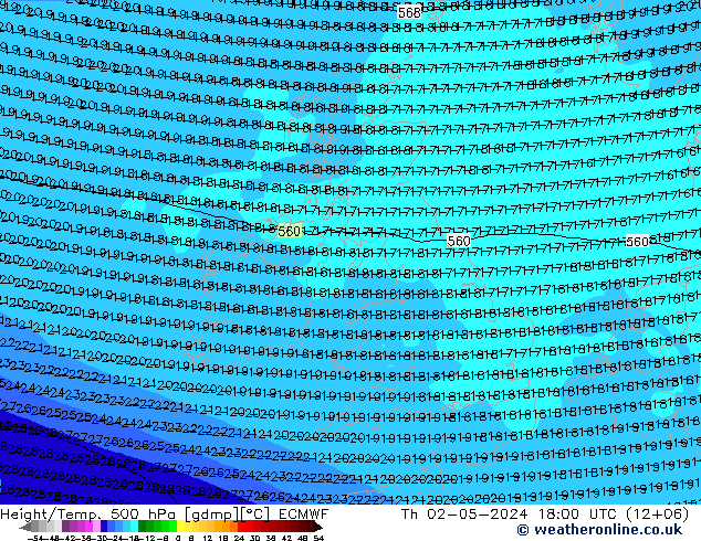 Z500/Rain (+SLP)/Z850 ECMWF czw. 02.05.2024 18 UTC