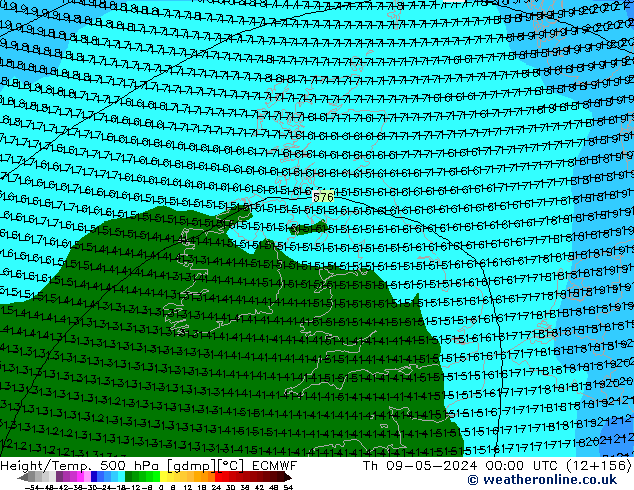 Z500/Rain (+SLP)/Z850 ECMWF Čt 09.05.2024 00 UTC