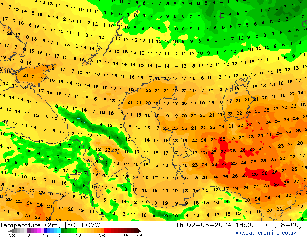 Temperatuurkaart (2m) ECMWF do 02.05.2024 18 UTC