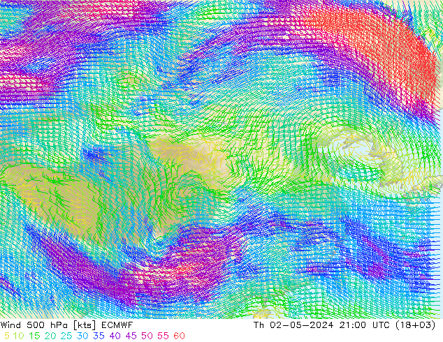 风 500 hPa ECMWF 星期四 02.05.2024 21 UTC
