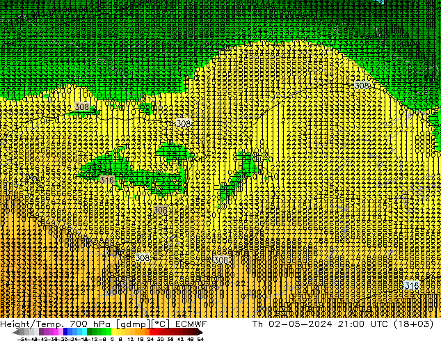 Height/Temp. 700 hPa ECMWF 星期四 02.05.2024 21 UTC