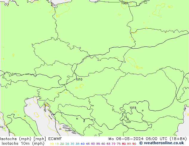 Izotacha (mph) ECMWF pon. 06.05.2024 06 UTC